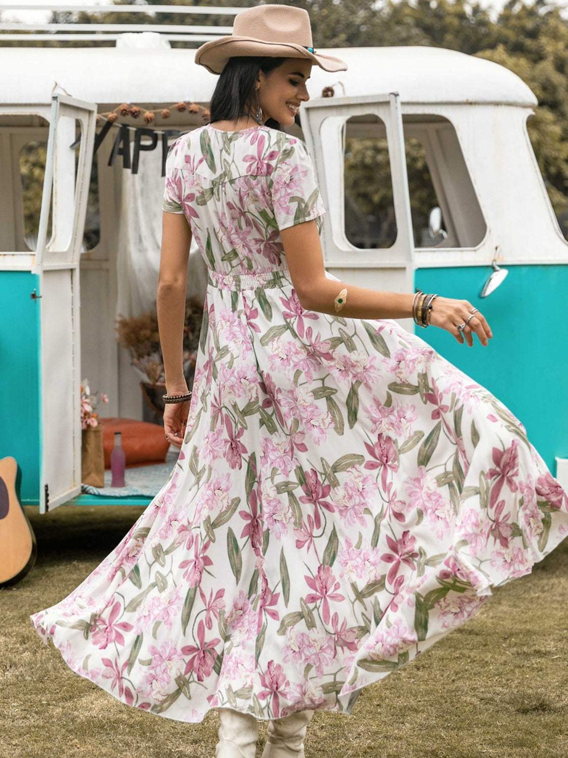 Floral V-Neck Slit Dress - Trendsi - Flyclothing LLC