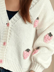 Crochet Strawberry V-Neck Long Sleeve Cardigan - Trendsi