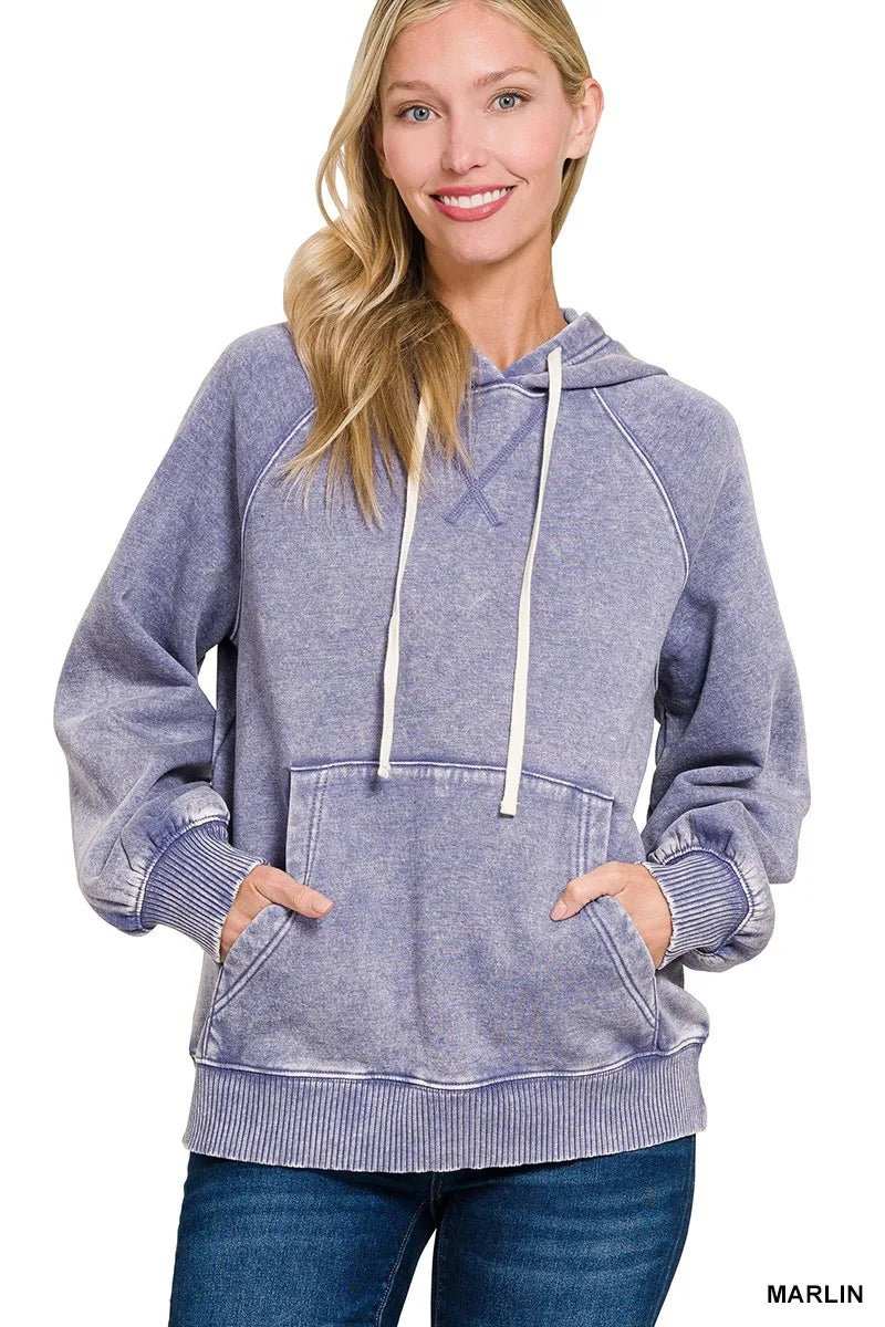 Zenana Acid Wash Fleece Hoodie with Kangaroo Pocket - Trendsi - Flyclothing LLC