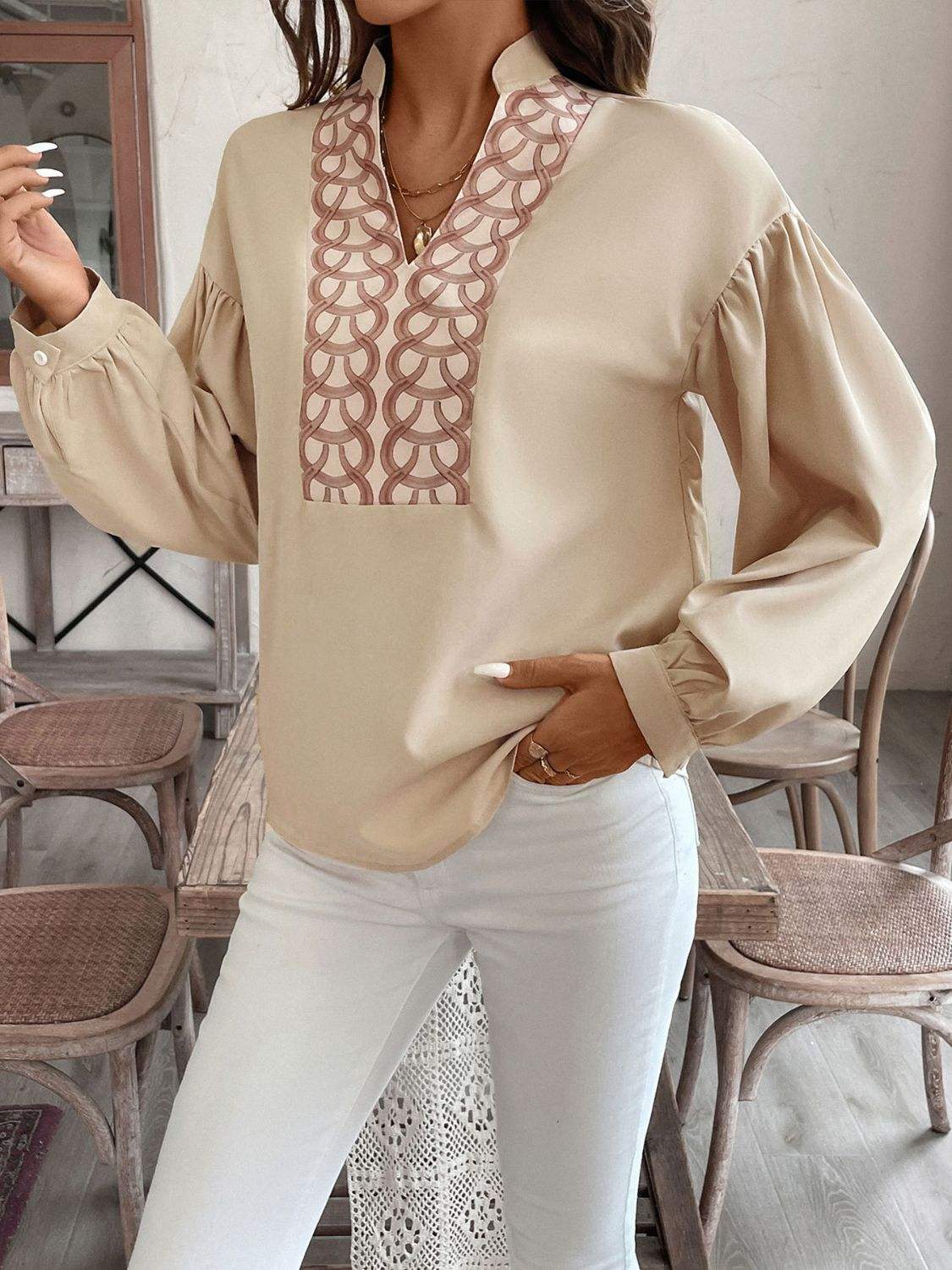 Perfee Printed Notched Long Sleeve Blouse - Trendsi - Flyclothing LLC