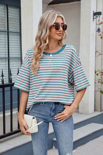 Contrast Striped Round Neck Half Sleeve T-Shirt - Trendsi - Flyclothing LLC