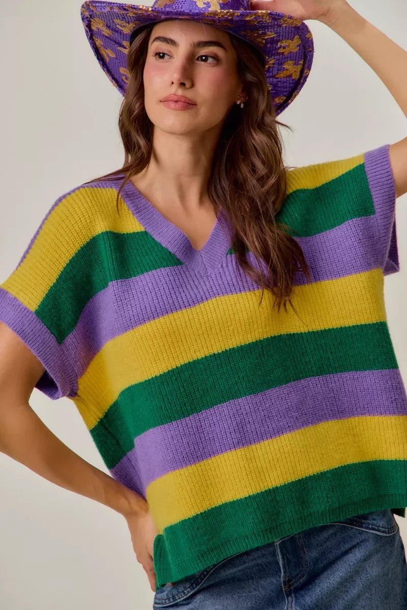 SO ME Mardi Gras Loose Fit V Neck Stripe Sweater Top - Trendsi - Flyclothing LLC