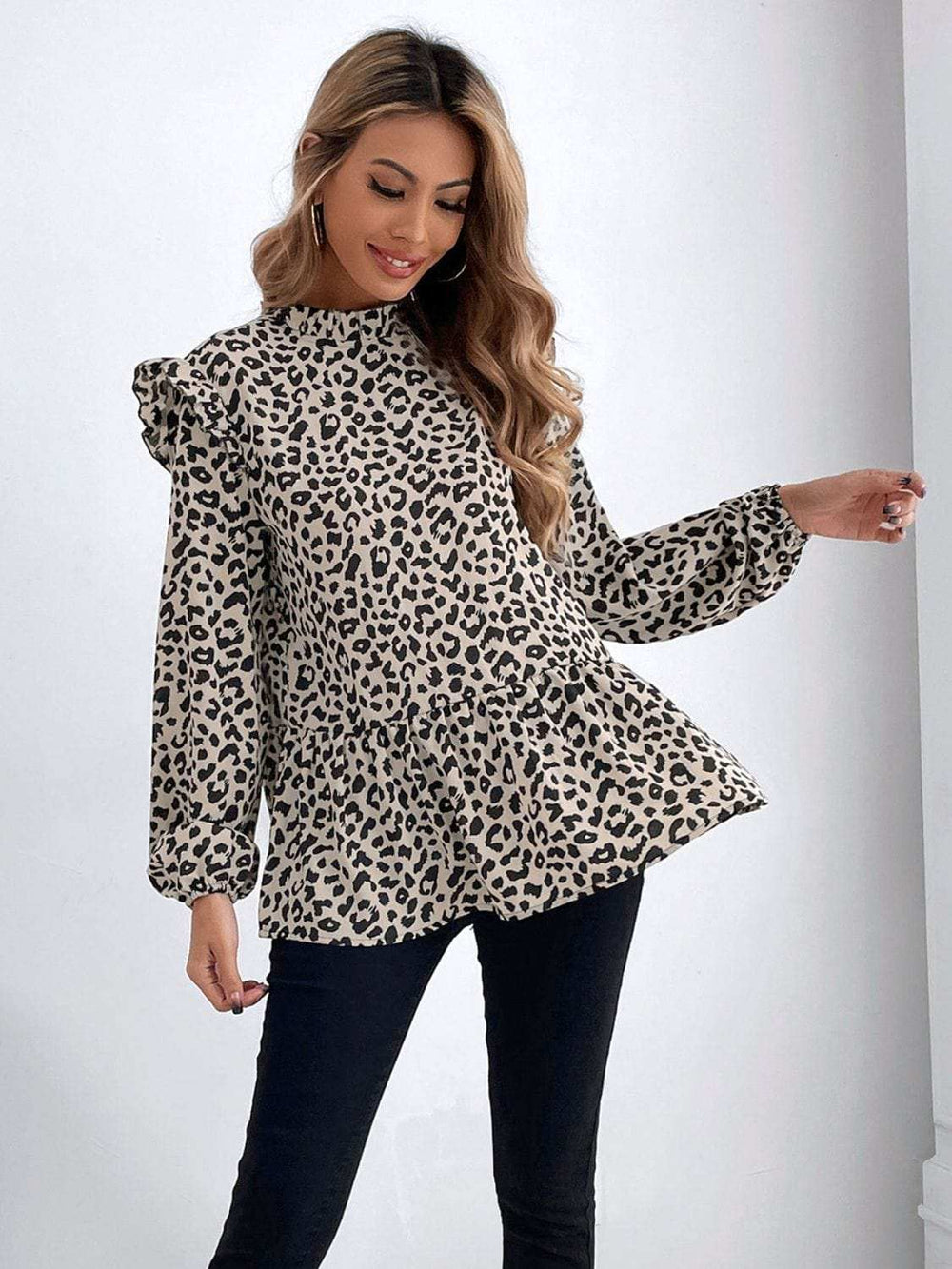 Ruffled Leopard Mock Neck Long Sleeve Blouse - Trendsi - Flyclothing LLC