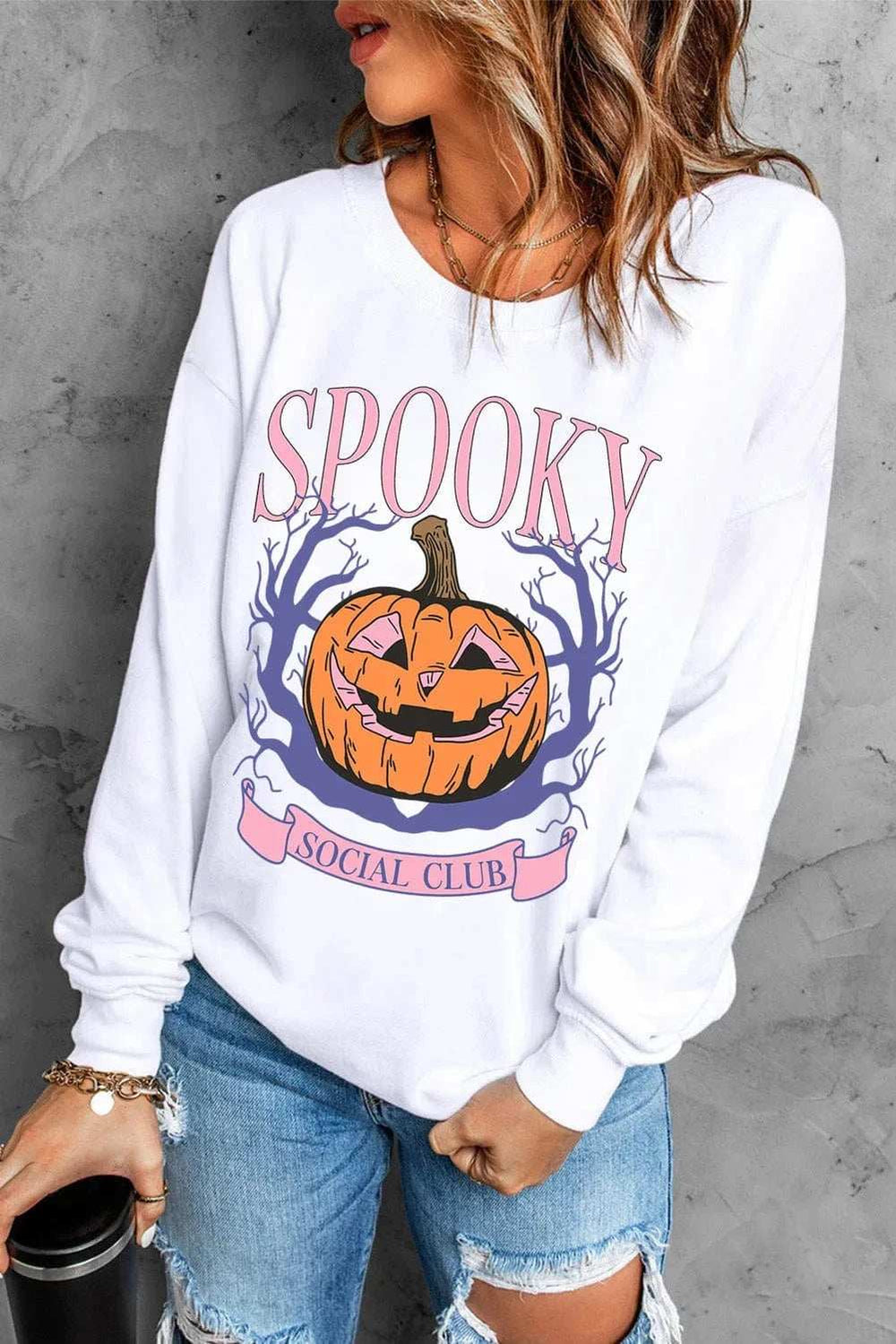 Jack-O'-Lantern Round Neck Long Sleeve Sweatshirt - Trendsi - Flyclothing LLC