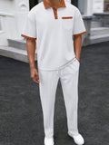 Men's Full Size Waffle-Knit Contrast Polo and Pants Set Plus Size - Trendsi