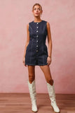 SO ME Button Up Front Washed Denim Sleeveless Romper - Trendsi