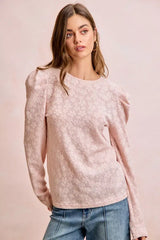BiBi Textured Flower Knit Puff Shoulder Top - Trendsi - Flyclothing LLC