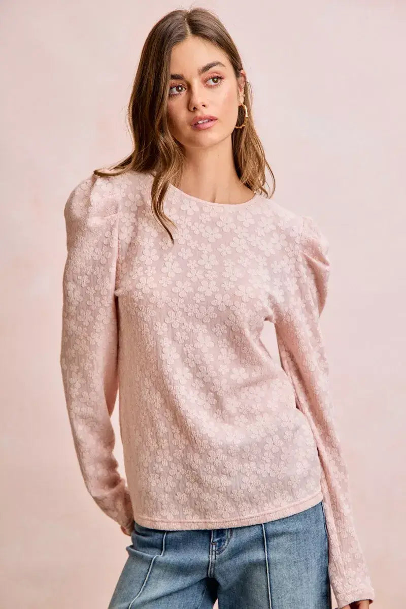 BiBi Textured Flower Knit Puff Shoulder Top - Trendsi - Flyclothing LLC