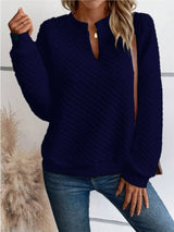 Textured Notched Long Sleeve Sweatshirt - Trendsi - Flyclothing LLC