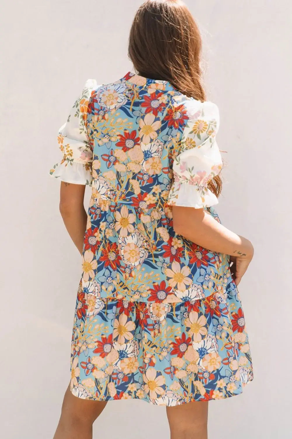 Printed Notched Flounce Sleeve Mini Dress - Trendsi - Flyclothing LLC