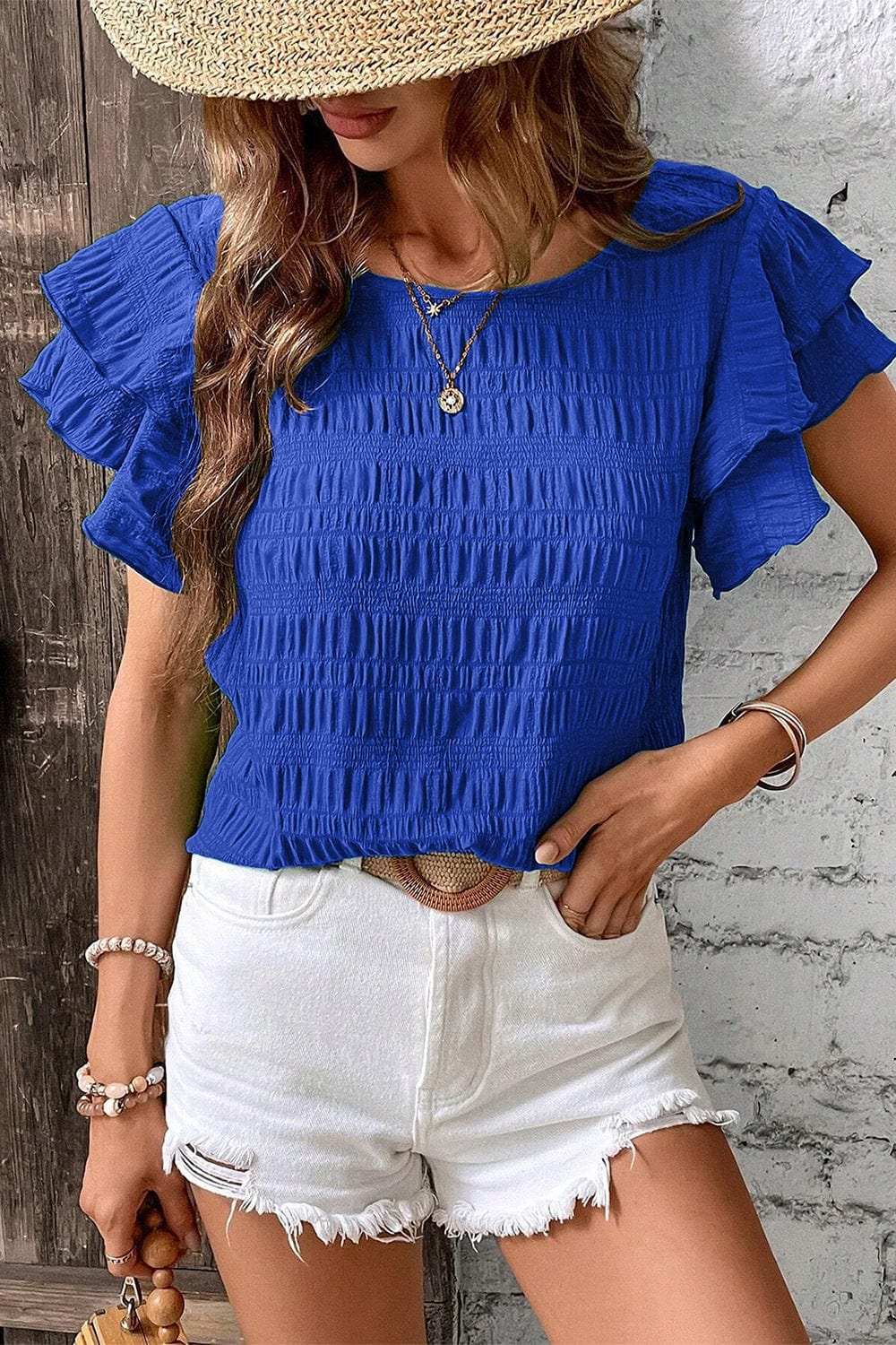 Round Neck Ruffle Sleeve Blouse - Trendsi - Flyclothing LLC