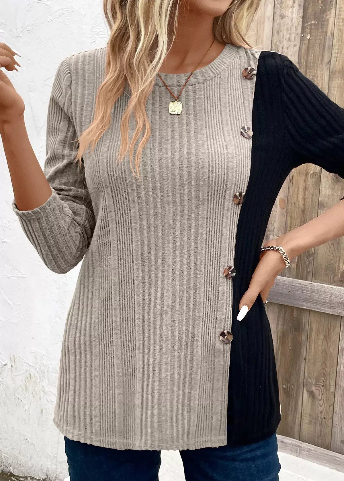 Color Block Ribbed Knit Decor Button T-Shirt - Trendsi - Flyclothing LLC