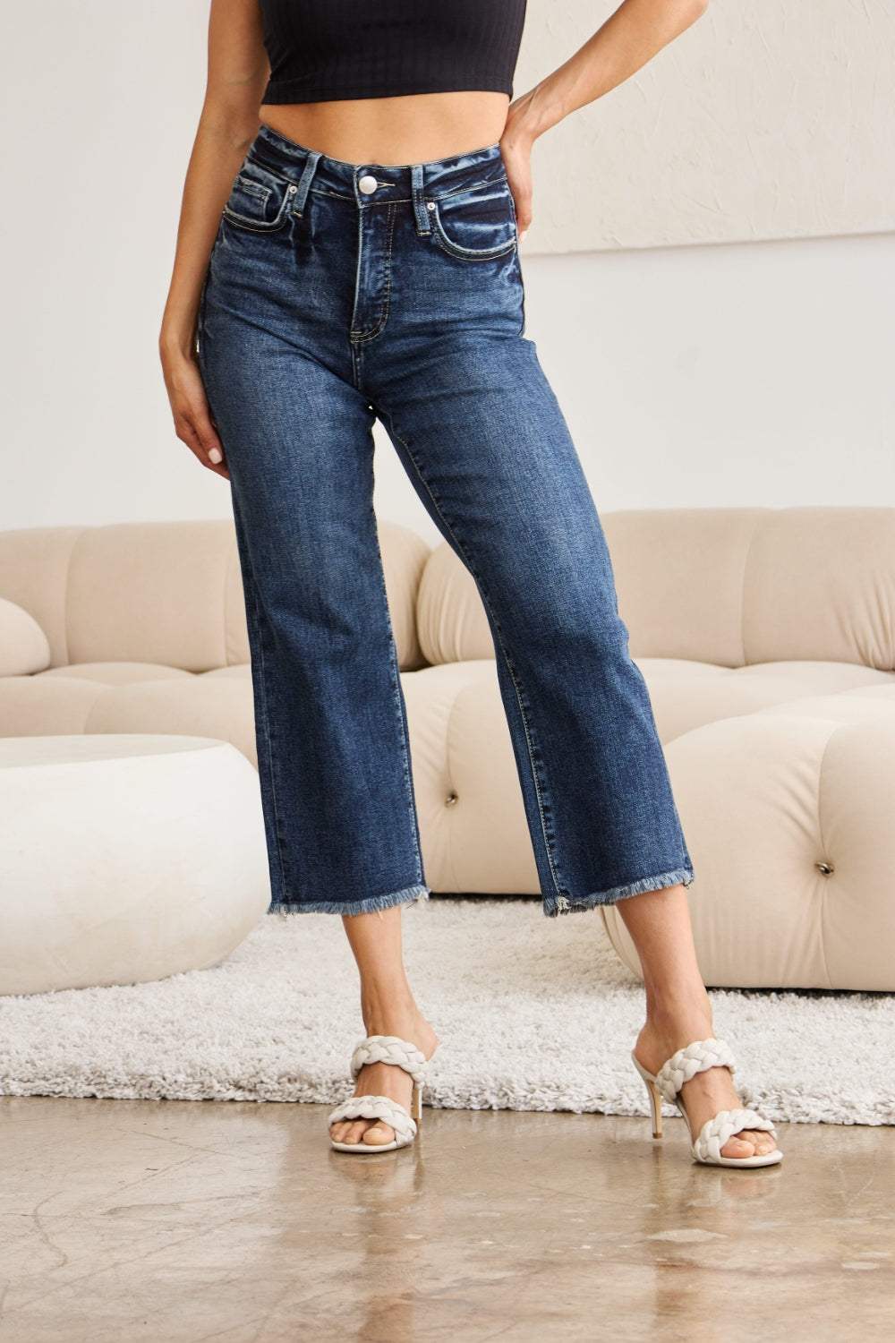 RFM Full Size Tummy Control High Waist Raw Hem Jeans - Trendsi - Flyclothing LLC