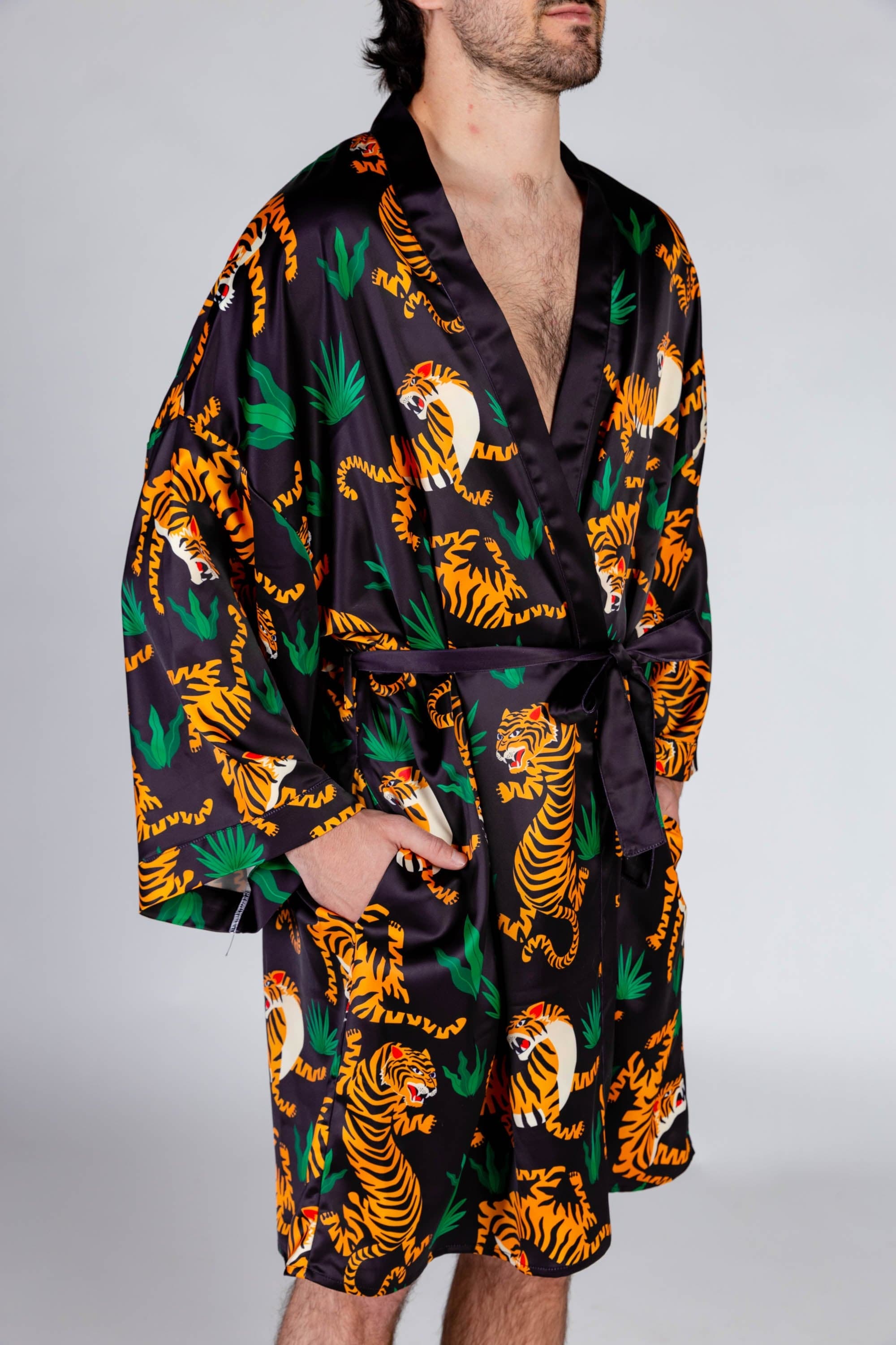 The Tamer | Tiger Print Satin Kimono - Shinesty