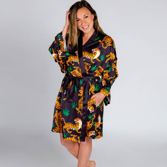 The Tamer | Ladies Unisex Tiger Print Satin Kimono - Shinesty