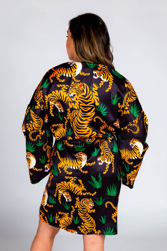 The Tamer | Ladies Unisex Tiger Print Satin Kimono - Shinesty