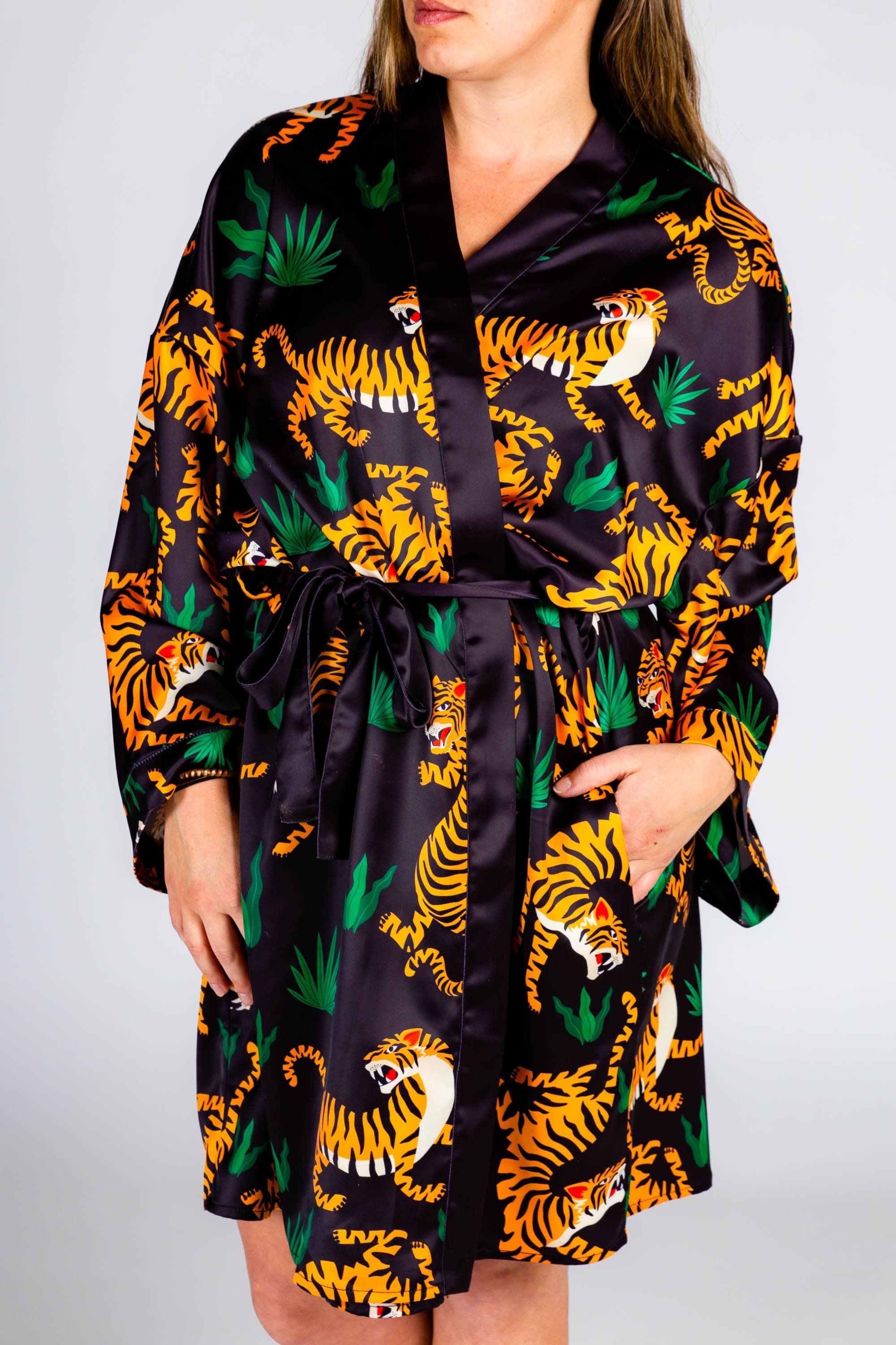 The Tamer | Ladies Unisex Tiger Print Satin Kimono - Shinesty