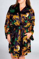 The Tamer | Ladies Unisex Tiger Print Satin Kimono - Shinesty