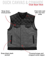 Hunt Club Motorcycle Leather Canvas Vest Grey - First Manufacturing Company - Flyclothing LLC