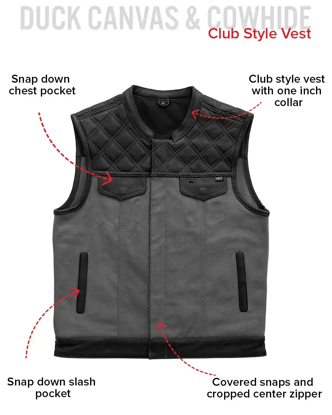 Hunt Club Motorcycle Leather Canvas Vest Grey - First Manufacturing Company - Flyclothing LLC