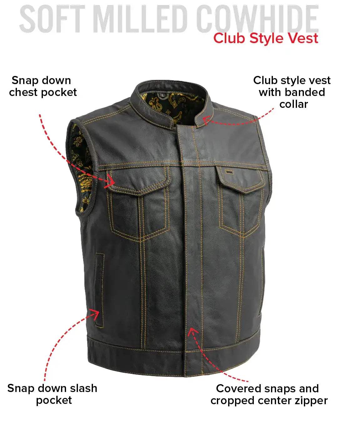 The Club Cut Men's Motorcycle Leather Vest, Multiple Color Options - First Manufacturing Company - Flyclothing LLC