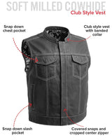 The Club Cut Men's Motorcycle Leather Vest, Multiple Color Options - First Manufacturing Company - Flyclothing LLC