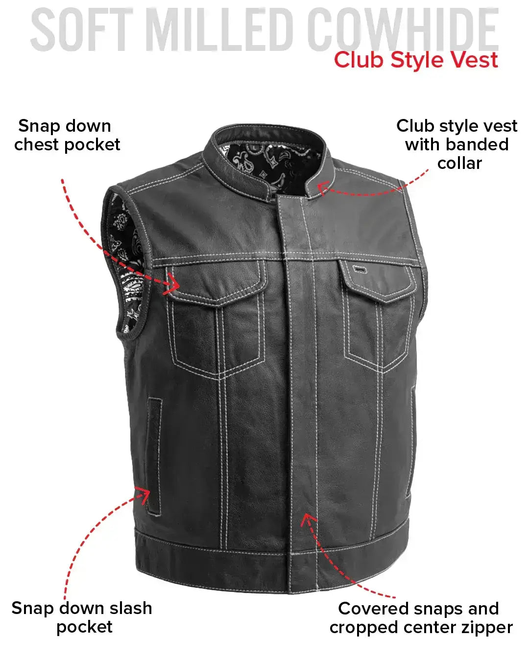 The Club Cut Men's Motorcycle Leather Vest, Multiple Color Options - First Manufacturing Company - Flyclothing LLC