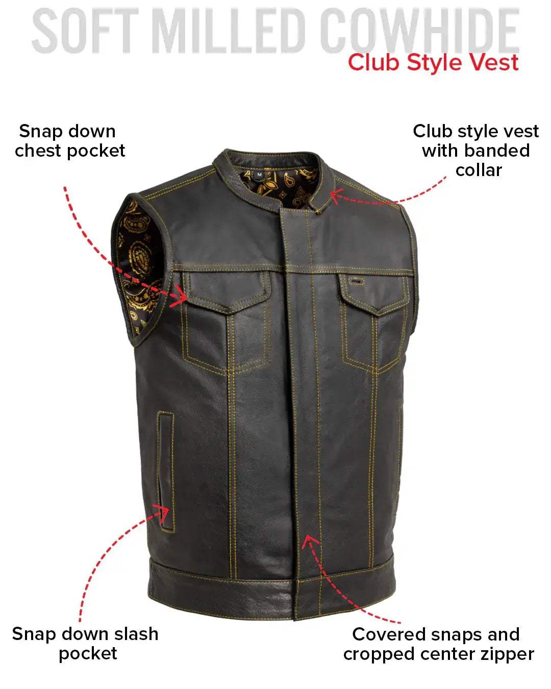 The Cut Men's Motorcycle Leather Vest, Multiple Color Options - First Manufacturing Company - Flyclothing LLC