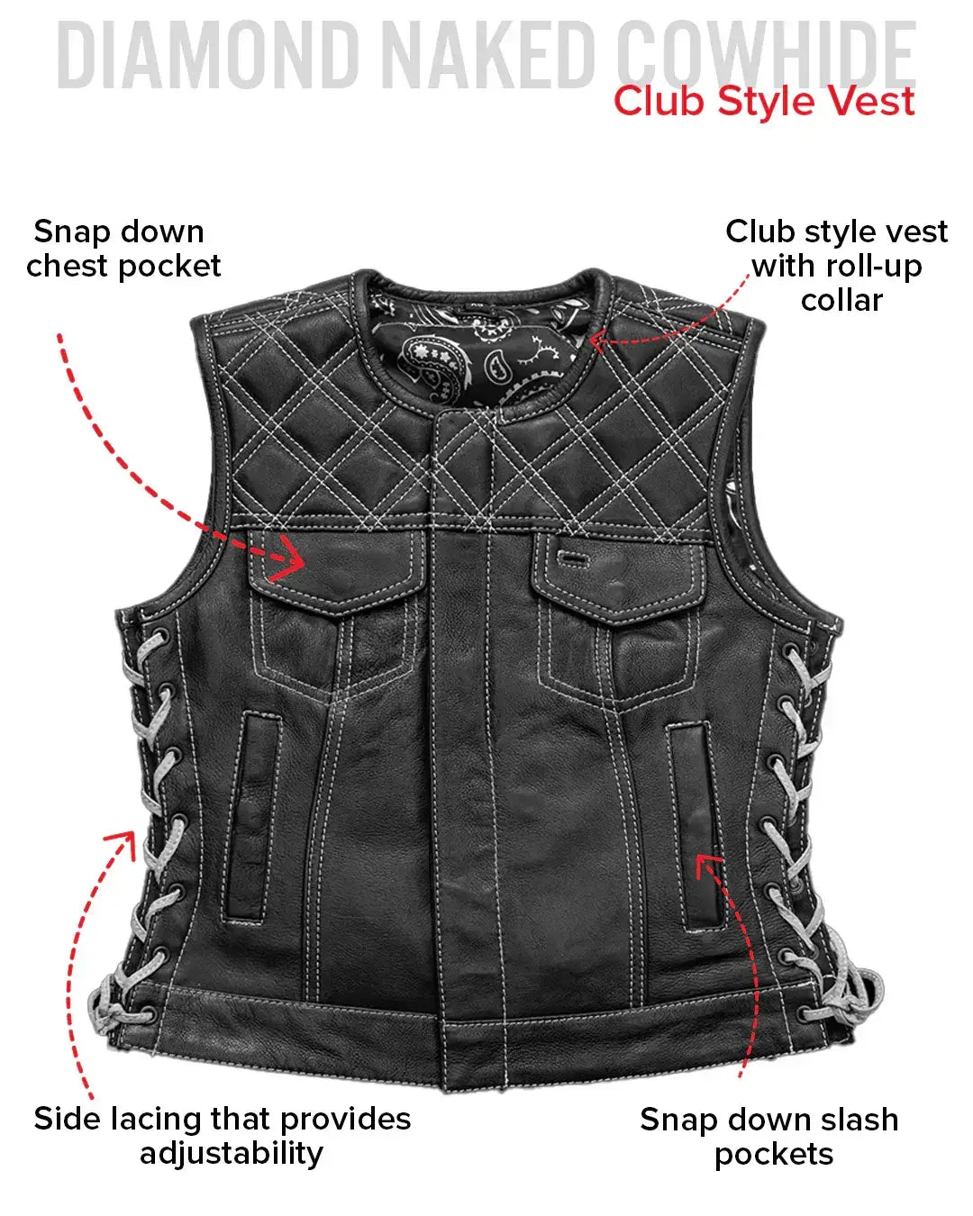 Bonnie - Women's Motorcycle Leather Vest - Diamond Quilt - First Manufacturing Company - Flyclothing LLC
