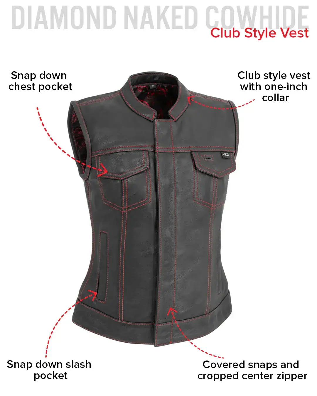 Jessica Women's Motorcycle Leather Vest - Black/Red - Limited Edition - First Manufacturing Company - Flyclothing LLC