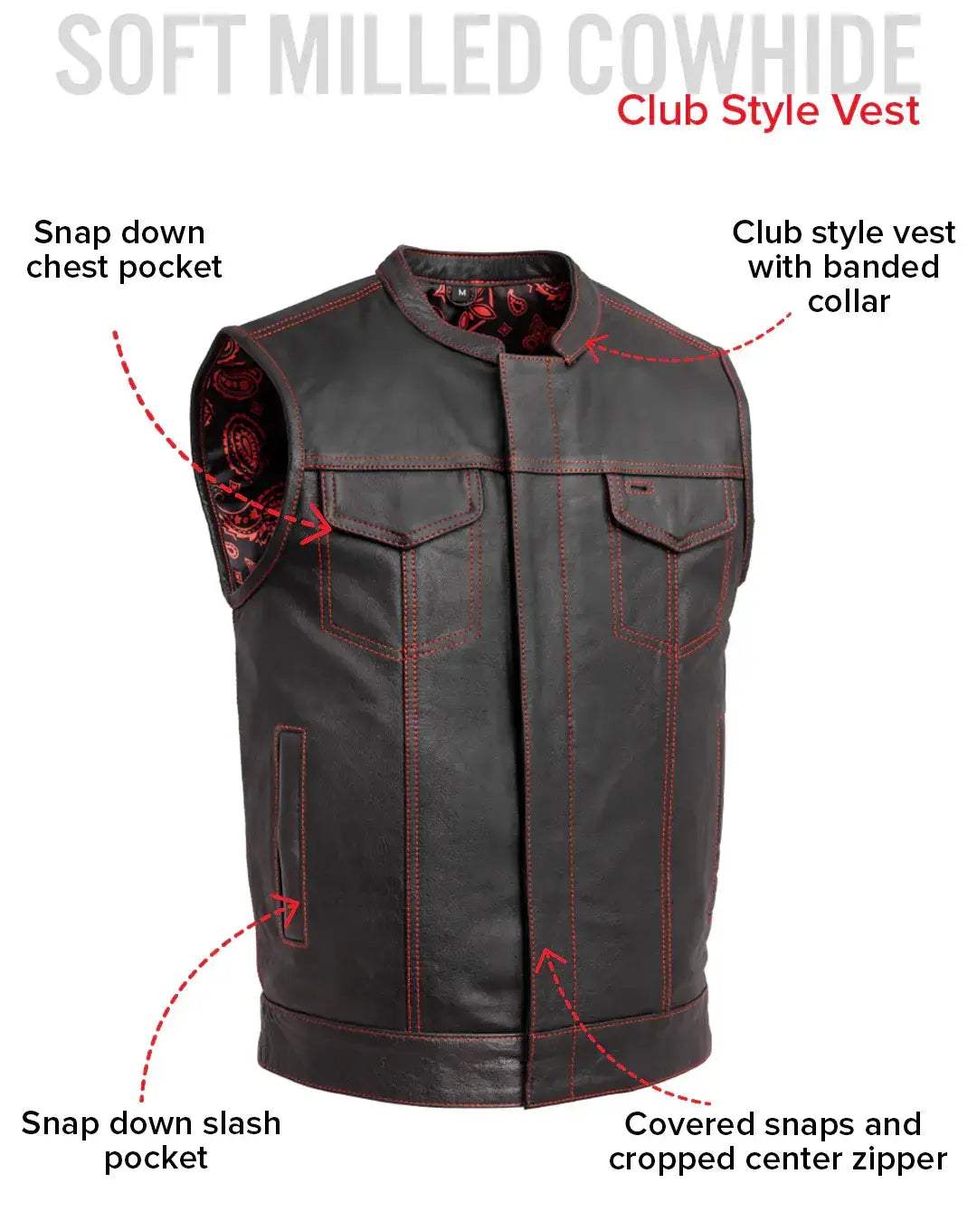 The Cut Men's Motorcycle Leather Vest, Multiple Color Options - First Manufacturing Company - Flyclothing LLC
