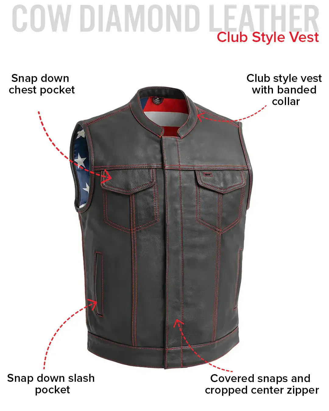 Born Free Men's Leather Motorcycle Leather Vest - Red Stitch - First Manufacturing Company - Flyclothing LLC