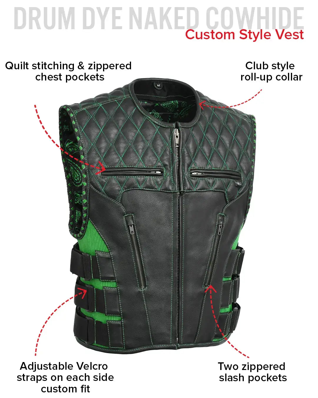 Tactical Emerald Men’s Motorcycle Leather Vest - First Manufacturing Company - Flyclothing LLC