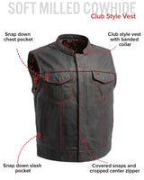 The Club Cut Men's Motorcycle Leather Vest, Multiple Color Options - First Manufacturing Company - Flyclothing LLC