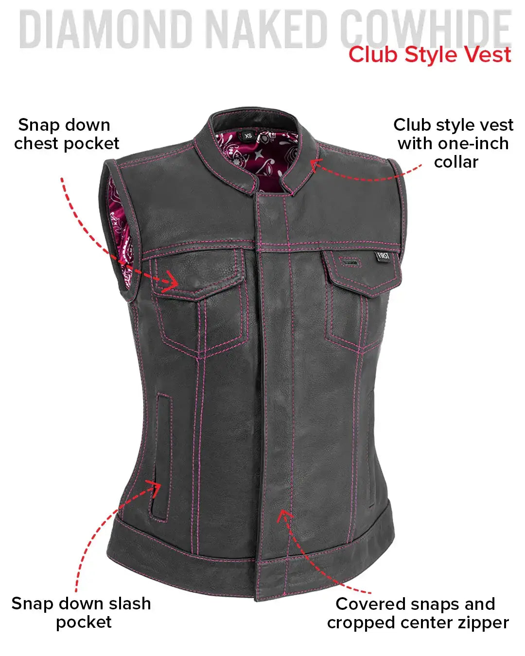 Jessica Women's Motorcycle Leather Vest - Pink - Limited Edition - First Manufacturing Company - Flyclothing LLC