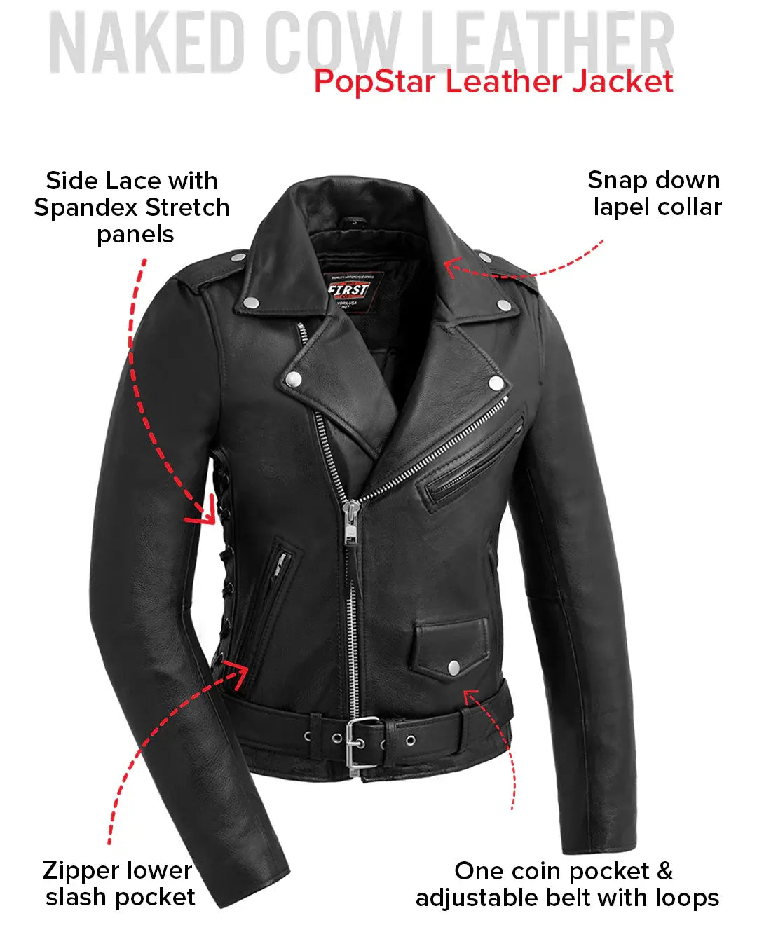 Popstar Women's Motorcycle Leather Jacket - First Manufacturing Company - Flyclothing LLC