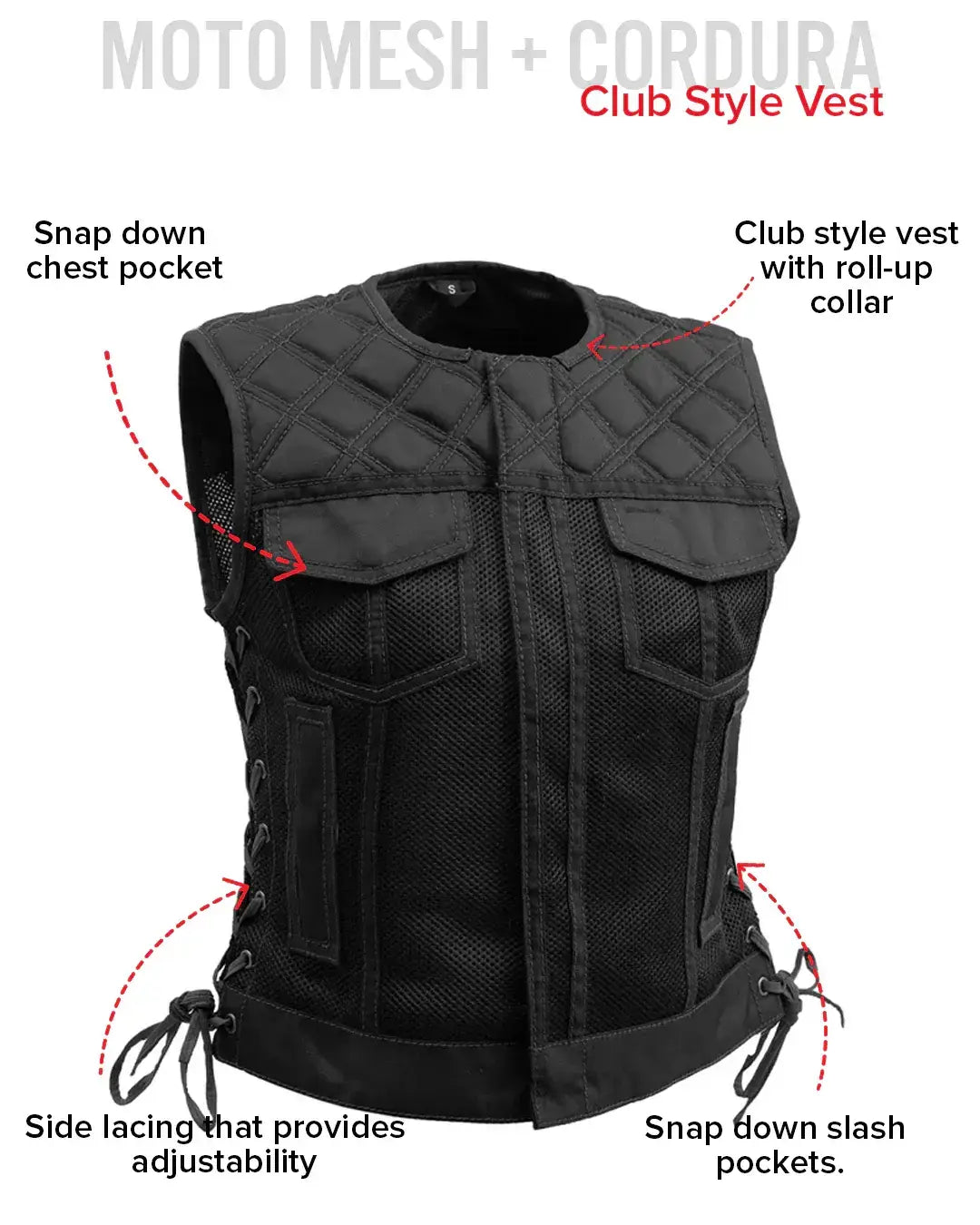 Bonnie Moto Mesh Women's Motorcycle Vest - Diamond Quilt - First Manufacturing Company - Flyclothing LLC