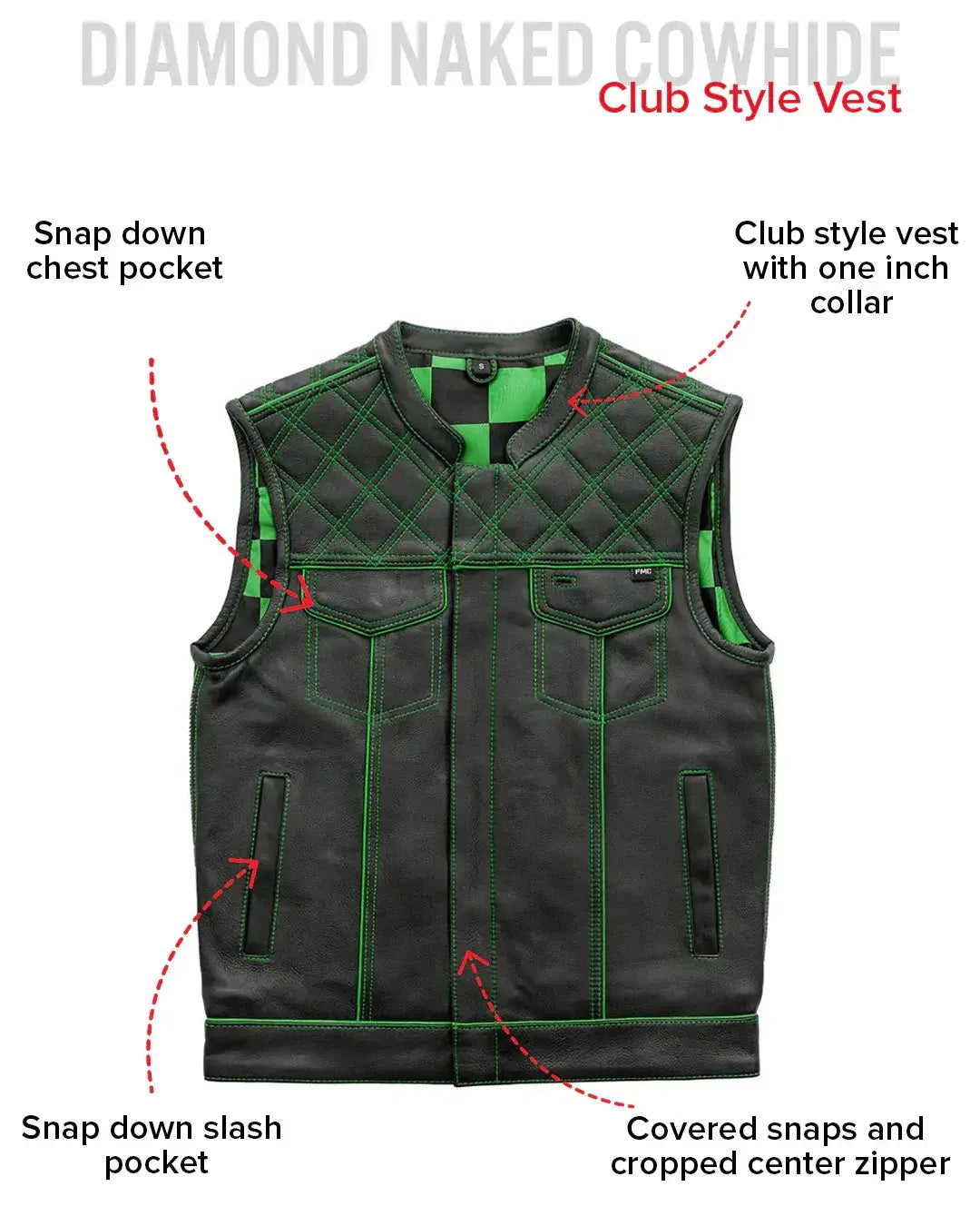Finish Line - Green Checker - Men's Motorcycle Leather Vest - First Manufacturing Company - Flyclothing LLC
