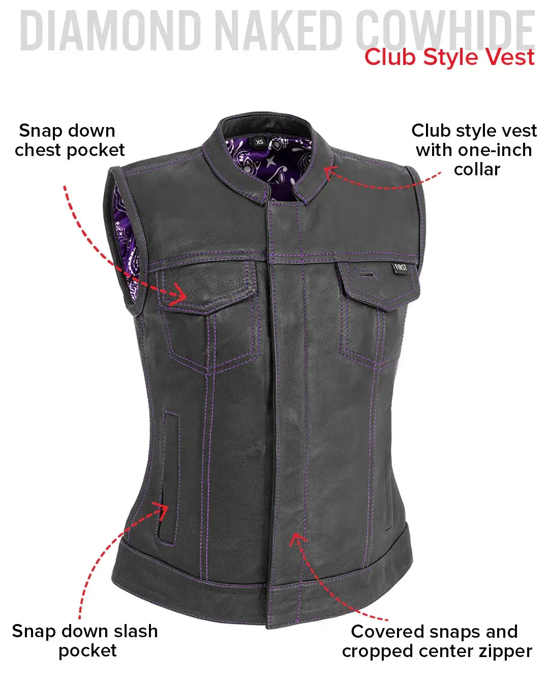 Jessica Women's Motorcycle Leather Vest - Purple - Limited Edition - First Manufacturing Company - Flyclothing LLC