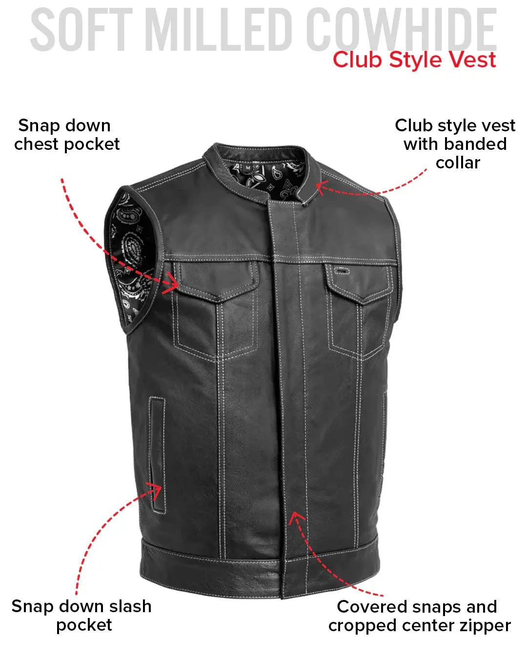 The Cut Men's Motorcycle Leather Vest, Multiple Color Options - First Manufacturing Company - Flyclothing LLC