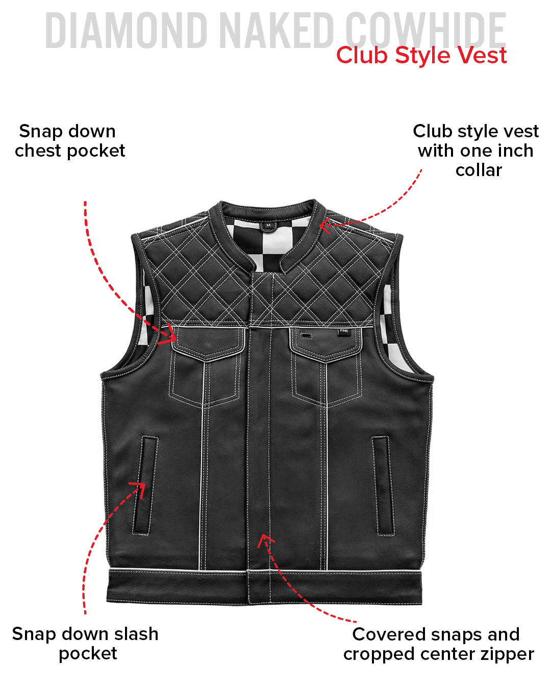 Finish Line - White Checker - Men's Motorcycle Leather Vest - First Manufacturing Company - Flyclothing LLC