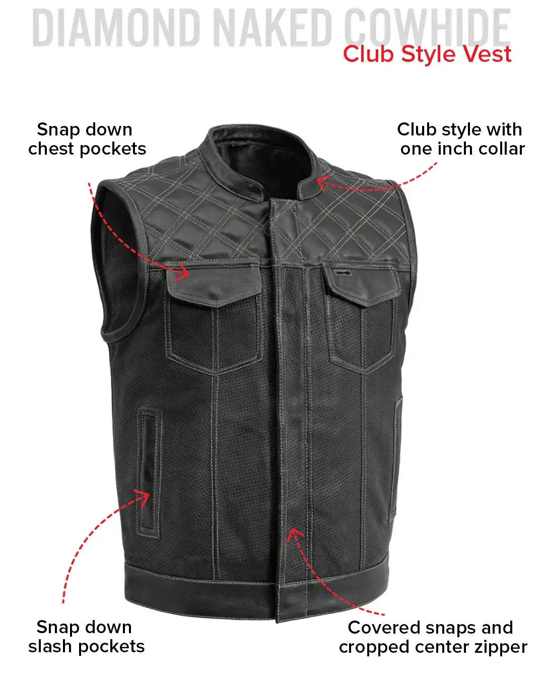 Downside Perforated Men's Motorcycle Leather Vest - First Manufacturing Company - Flyclothing LLC