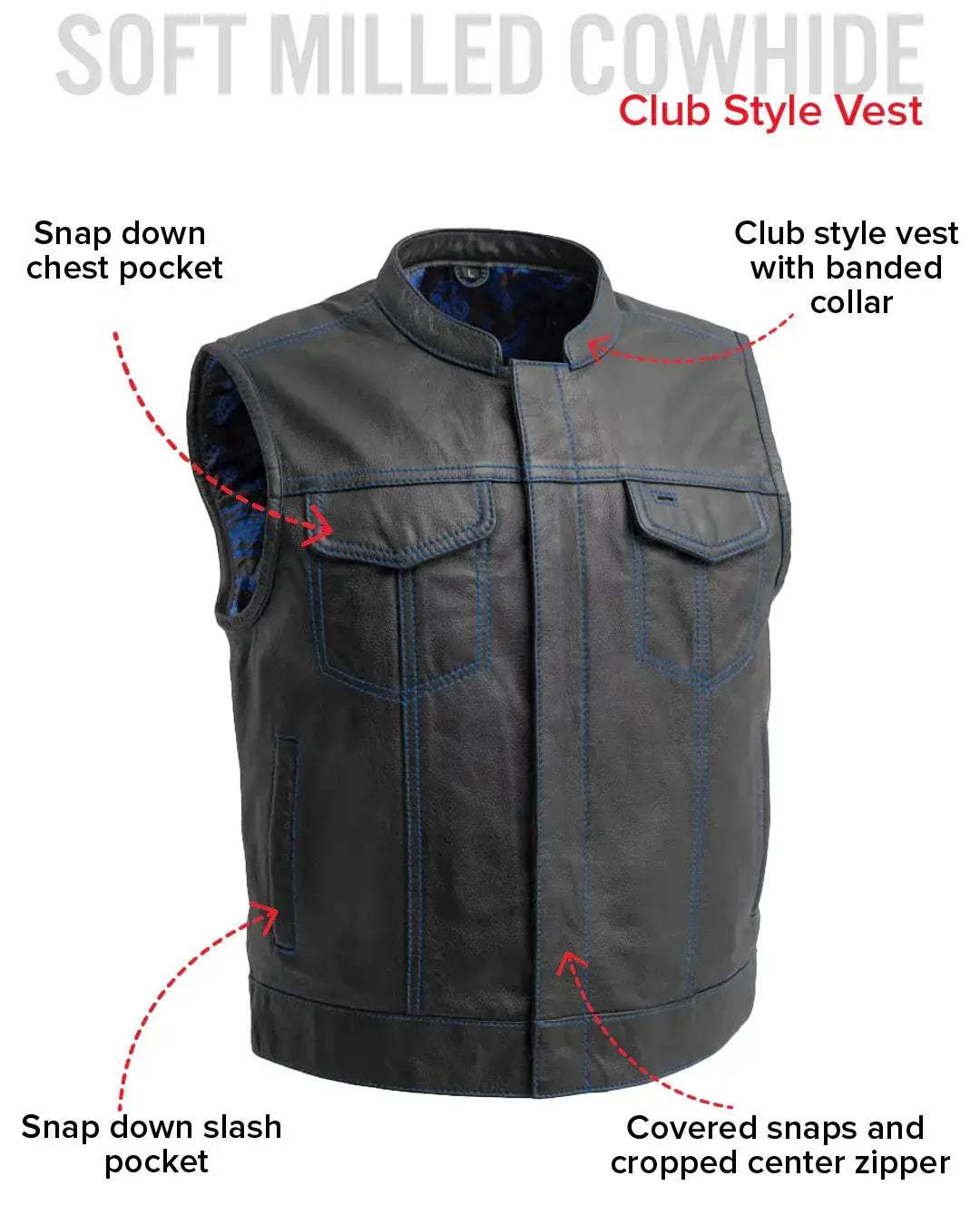The Club Cut Men's Motorcycle Leather Vest, Multiple Color Options - First Manufacturing Company - Flyclothing LLC