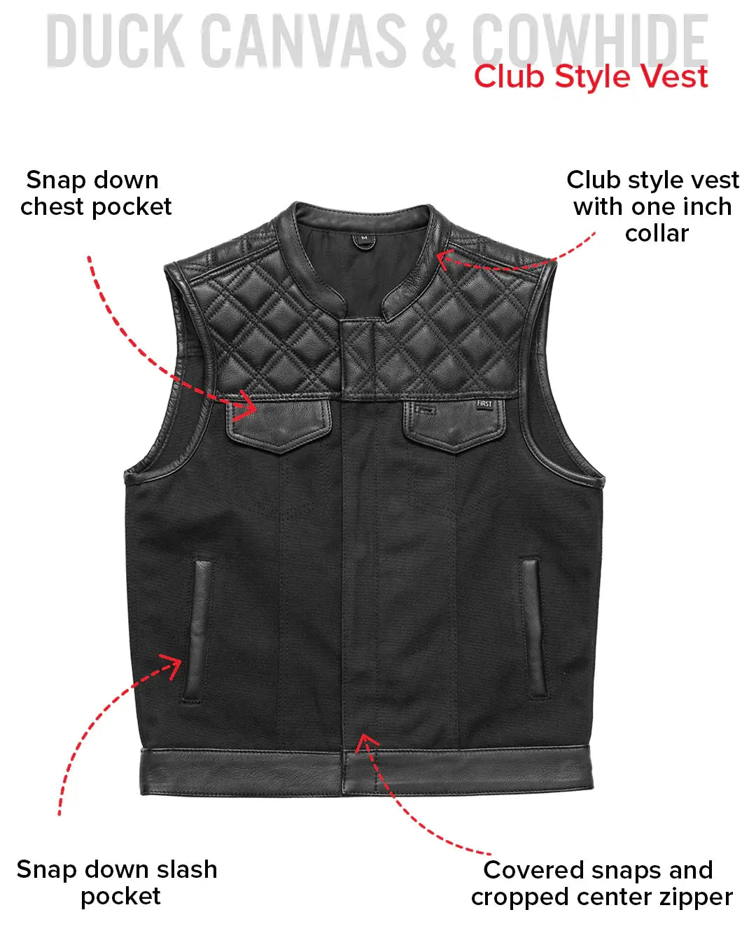 Hunt Club Motorcycle Leather Canvas Vest Black - First Manufacturing Company - Flyclothing LLC