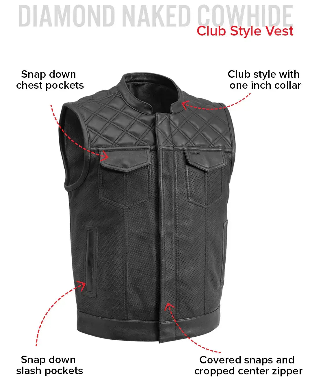 Downside Perforated Men's Motorcycle Leather Vest - First Manufacturing Company - Flyclothing LLC