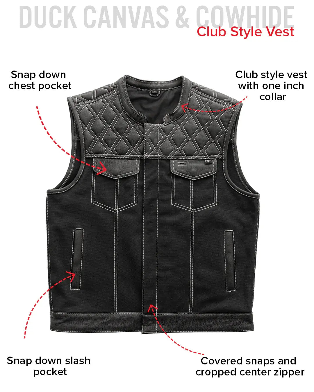 Hunt Club Motorcycle Leather Canvas Vest White Stitch - First Manufacturing Company - Flyclothing LLC