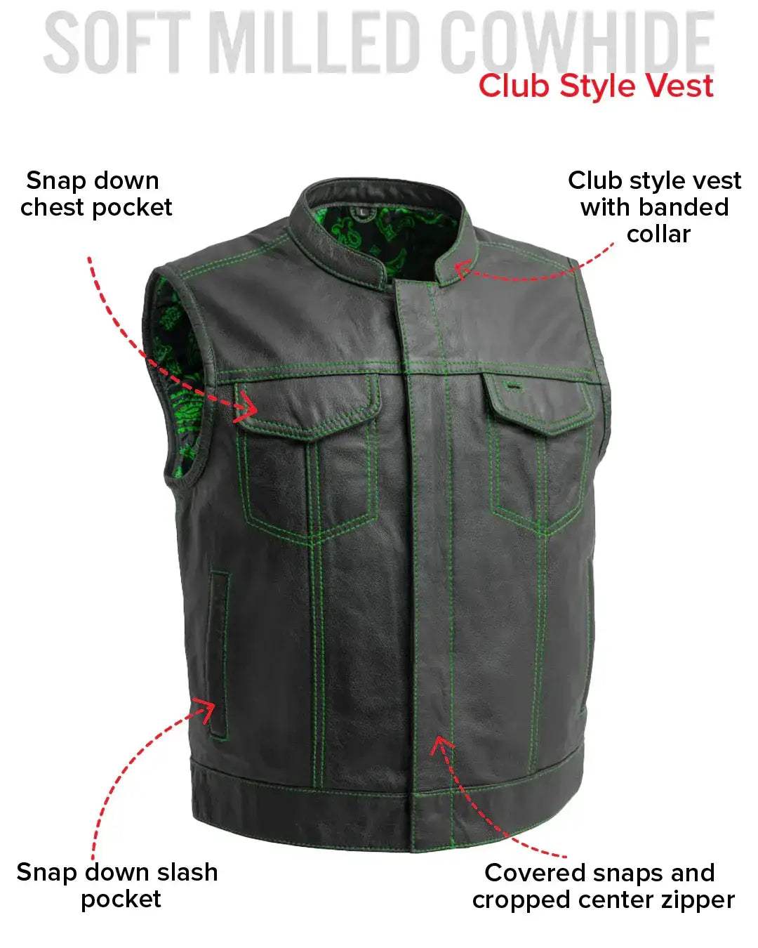 The Club Cut Men's Motorcycle Leather Vest, Multiple Color Options - First Manufacturing Company - Flyclothing LLC