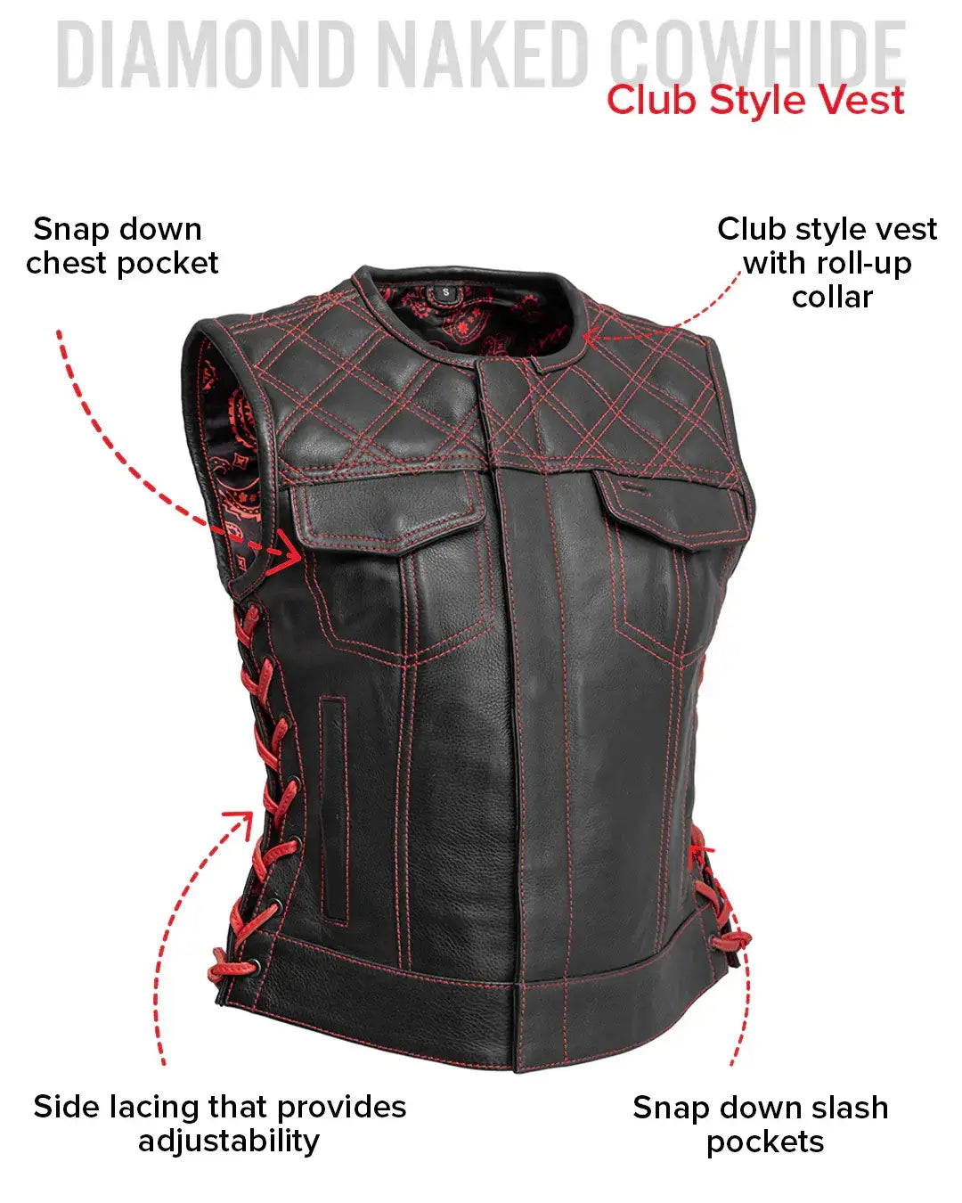 Bonnie - Women's Motorcycle Leather Vest - Diamond Quilt - First Manufacturing Company - Flyclothing LLC