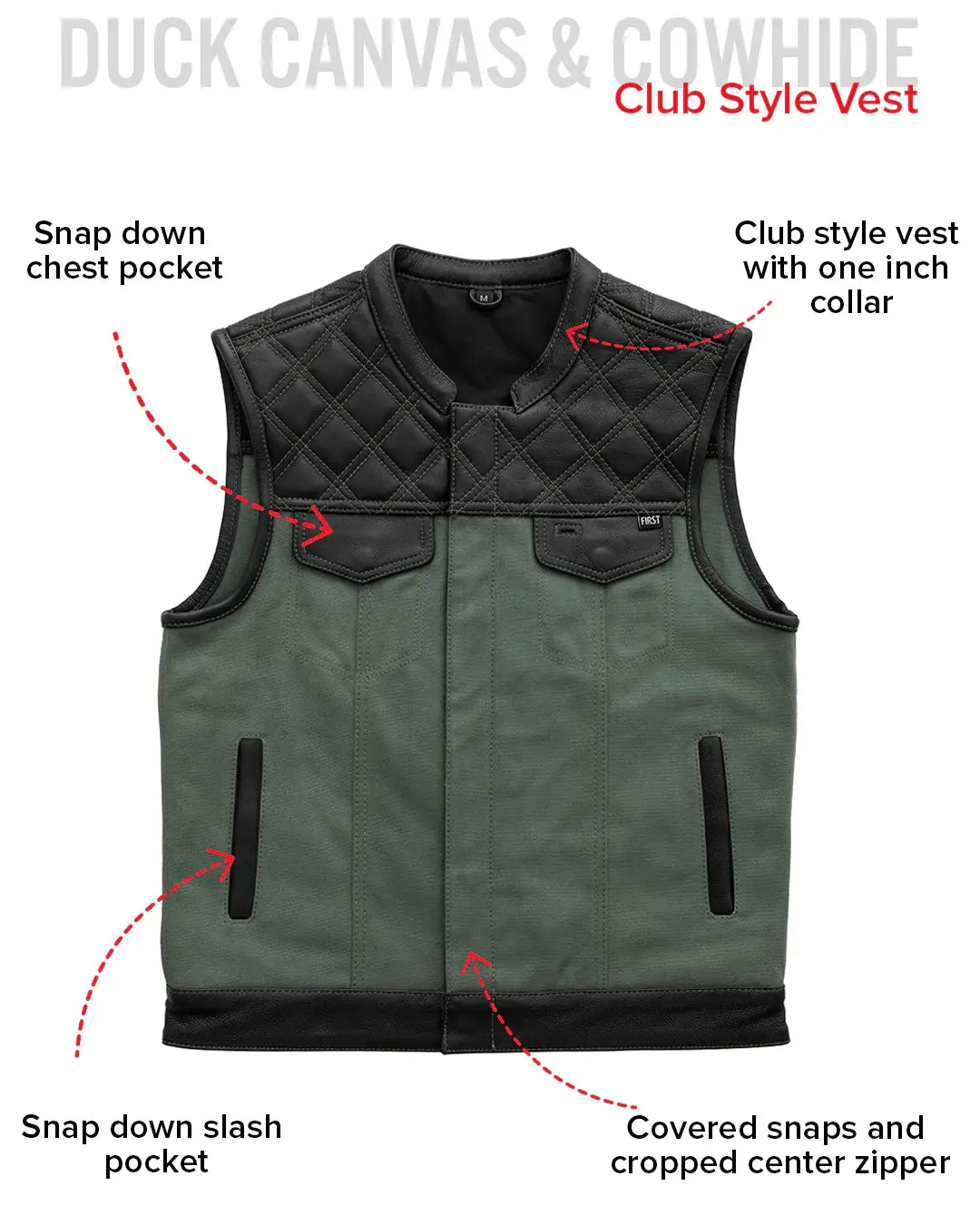 Hunt Club Motorcycle Leather Canvas Vest Green - First Manufacturing Company - Flyclothing LLC