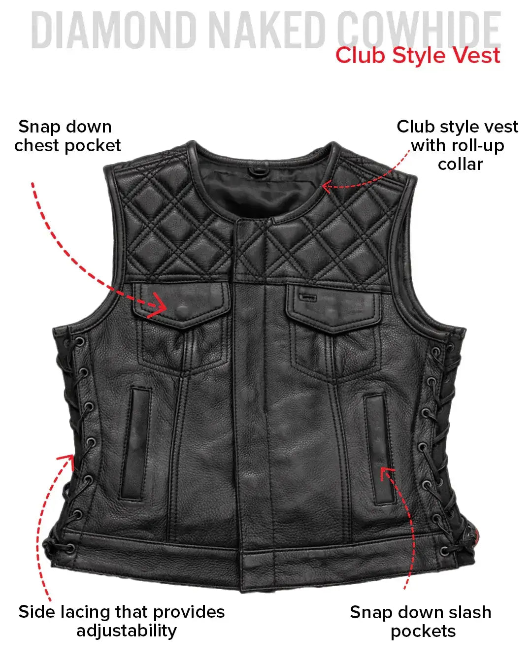 Bonnie - Women's Motorcycle Leather Vest - Diamond Quilt - First Manufacturing Company - Flyclothing LLC